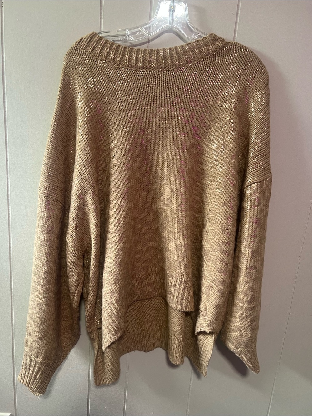 Relaxed Scoop-Neck Knit Sweater in Light Beige with metallic leopard print